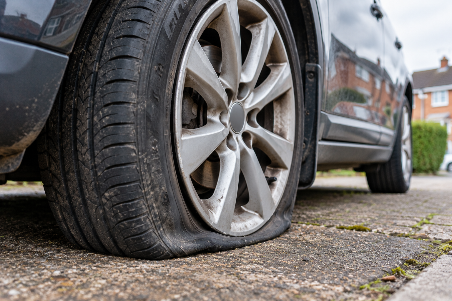 Close view of a vehicle with a completely flat tyre