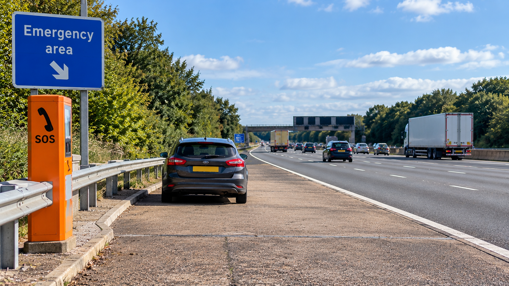 Motorway emergency area with SOS telephone