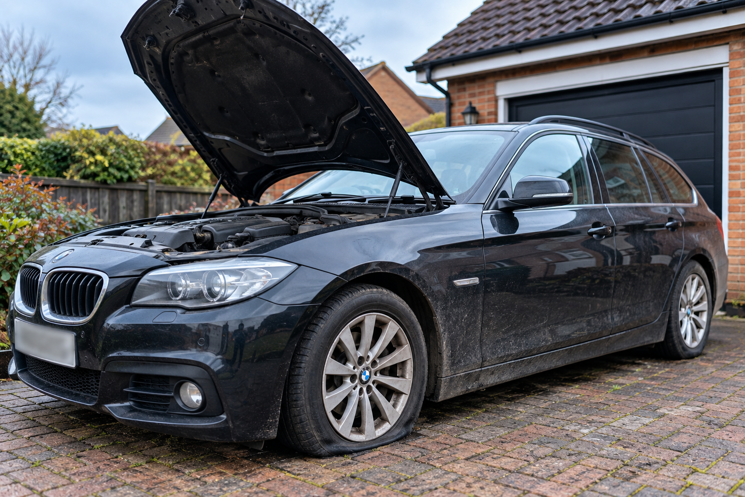 Non-running car with its bonnet open on a UK driveway