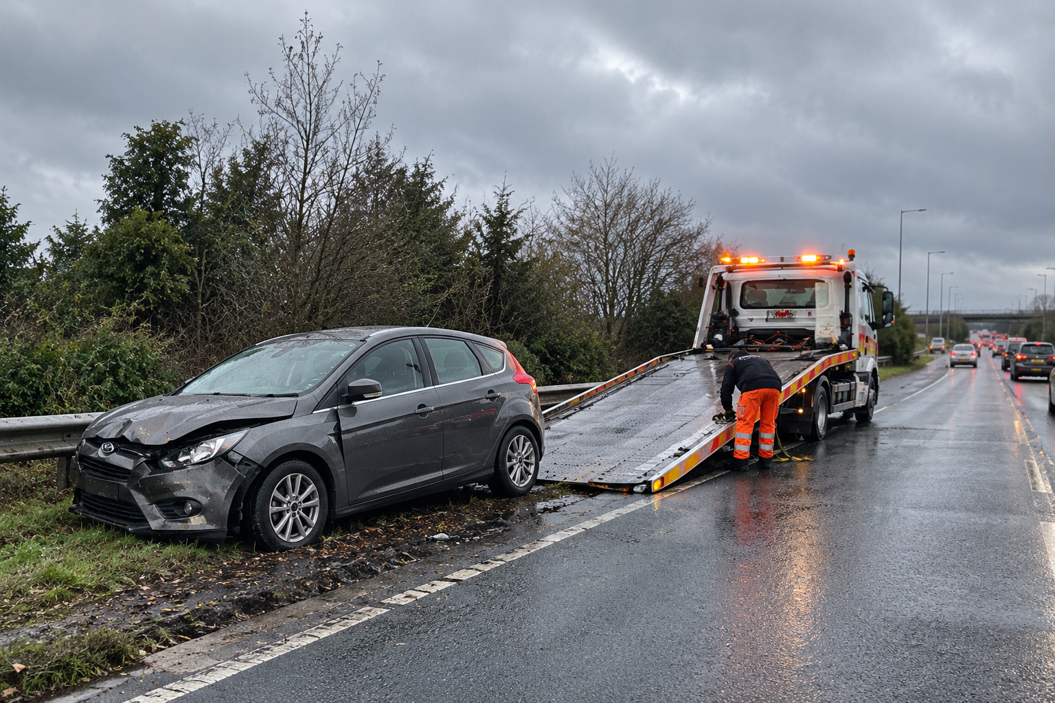 Accident damaged vehicle being recovered